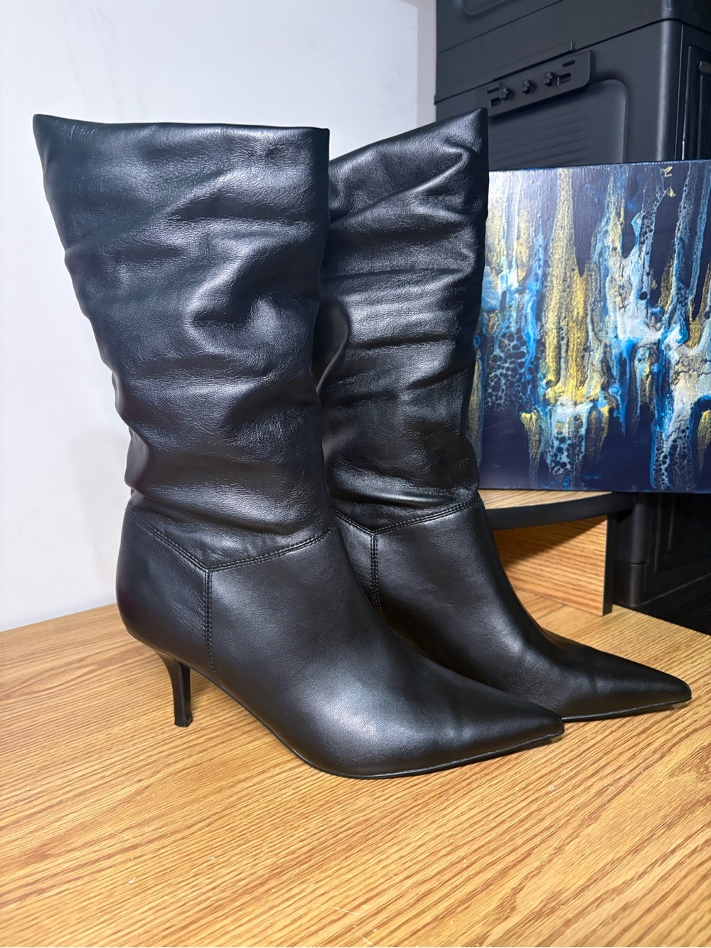 Marc Fisher Black Pointed-Toe Mid-Calf Heeled Boots